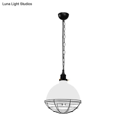 Retro Industrial Metal Pendant Light - Bowl Shade, 1 Bulb - Black/White/Red - Indoor Ceiling Light with Wire Guard and Chain