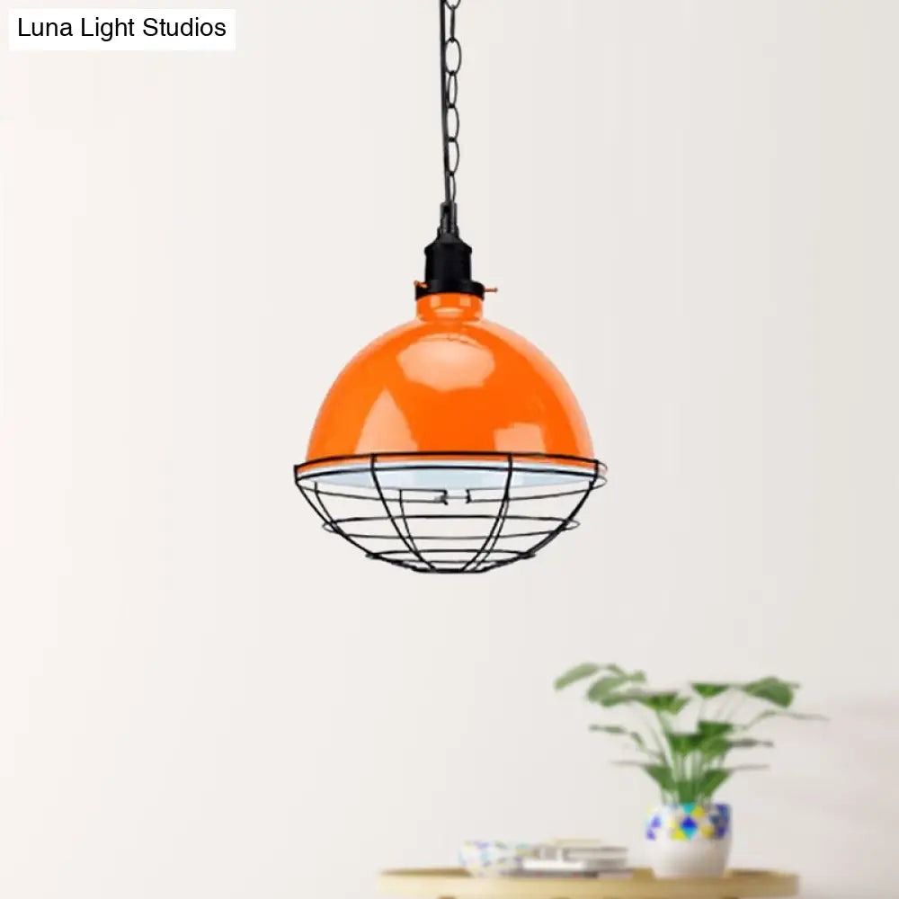 Retro Industrial Metal Pendant Light - Bowl Shade, 1 Bulb - Black/White/Red - Indoor Ceiling Light with Wire Guard and Chain