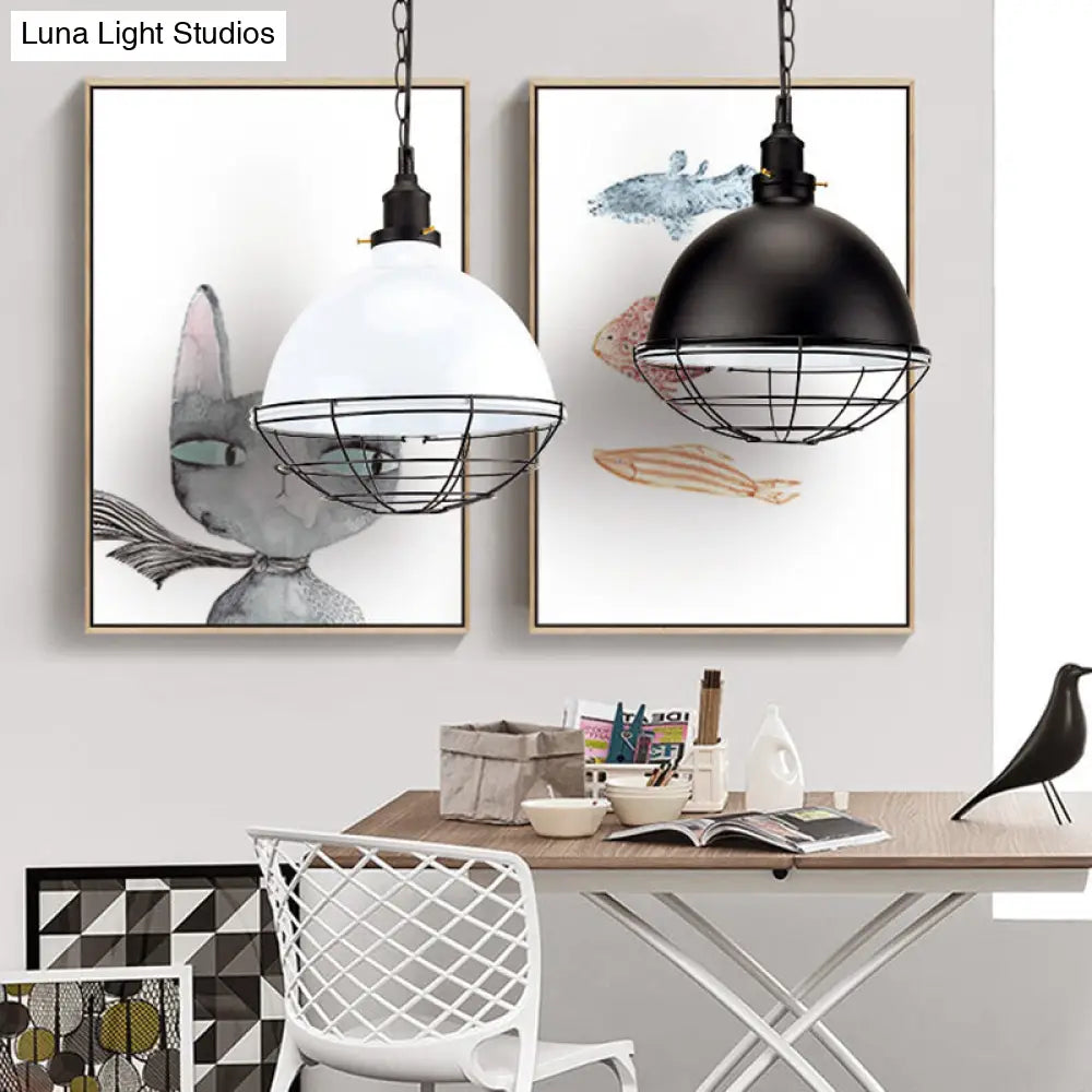 Retro Industrial Metal Pendant Light - Bowl Shade, 1 Bulb - Black/White/Red - Indoor Ceiling Light with Wire Guard and Chain