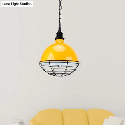 Retro Industrial Metal Pendant Light - Bowl Shade, 1 Bulb - Black/White/Red - Indoor Ceiling Light with Wire Guard and Chain