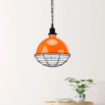 Retro Industrial Metal Pendant Light - Bowl Shade, 1 Bulb - Black/White/Red - Indoor Ceiling Light with Wire Guard and Chain