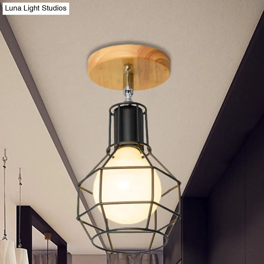 DecorBites™ DecorBites™ Retro Industrial Metal Semi Flush Light: Mini Triangle/Urn Design with Wire Guard - 1 Head Bedroom Ceiling Fixture