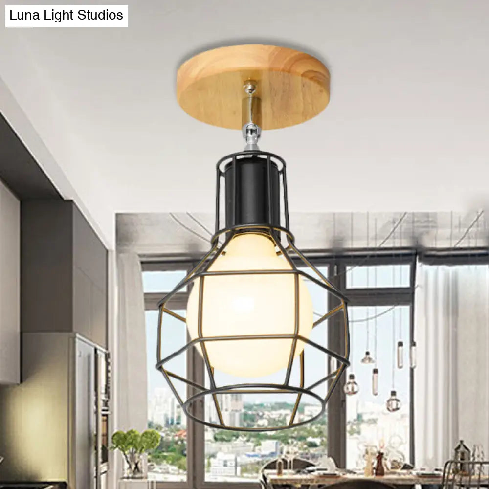 DecorBites™ DecorBites™ Retro Industrial Metal Semi Flush Light: Mini Triangle/Urn Design with Wire Guard - 1 Head Bedroom Ceiling Fixture