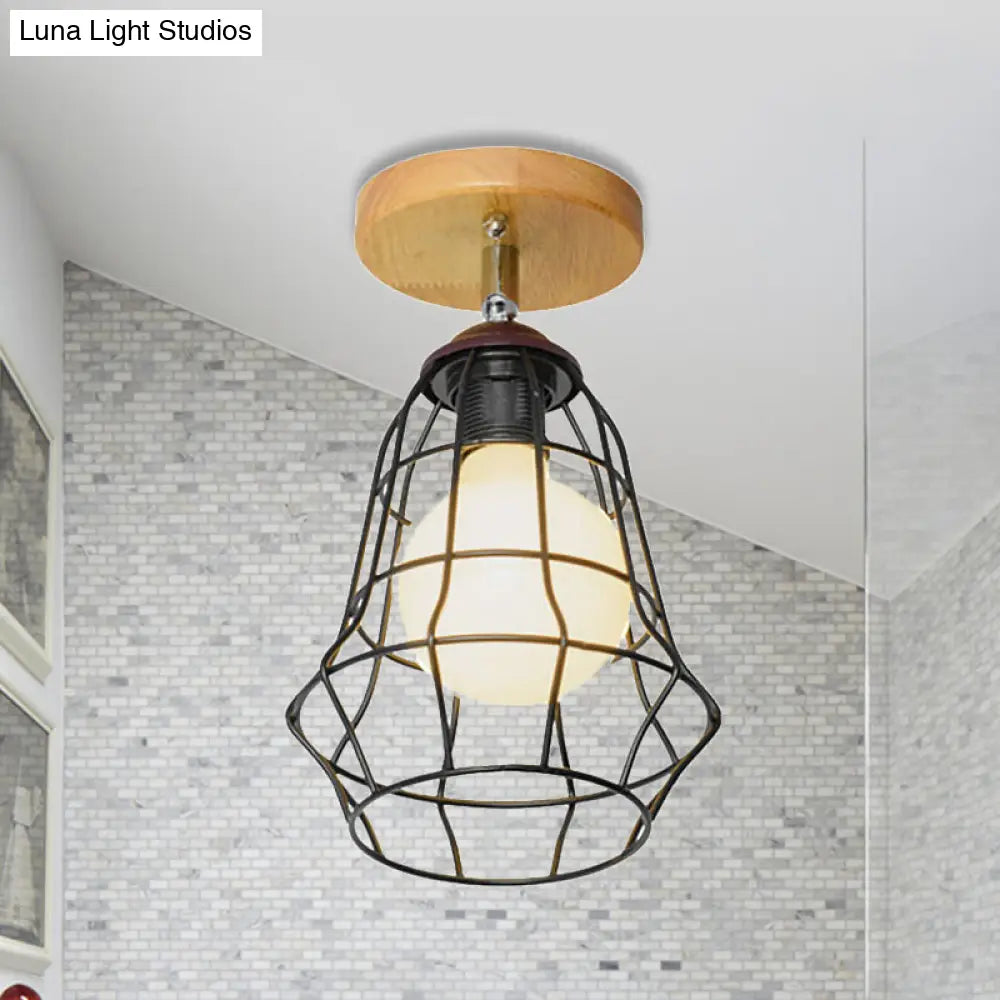 DecorBites™ DecorBites™ Retro Industrial Metal Semi Flush Light: Mini Triangle/Urn Design with Wire Guard - 1 Head Bedroom Ceiling Fixture