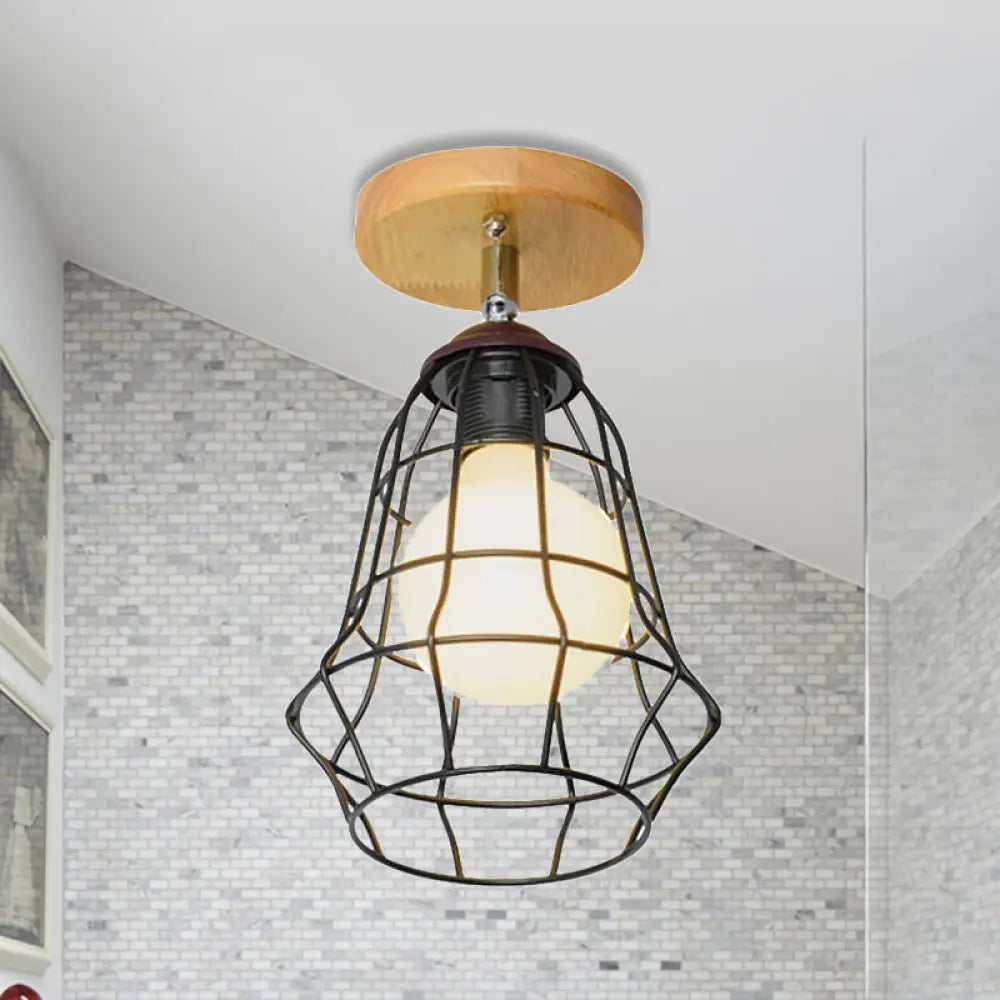 DecorBites™ DecorBites™ Retro Industrial Metal Semi Flush Light: Mini Triangle/Urn Design with Wire Guard - 1 Head Bedroom Ceiling Fixture