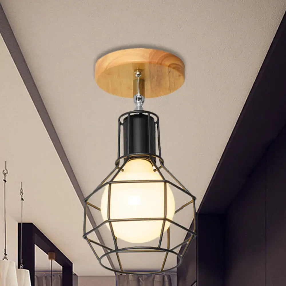 DecorBites™ DecorBites™ Retro Industrial Metal Semi Flush Light: Mini Triangle/Urn Design with Wire Guard - 1 Head Bedroom Ceiling Fixture