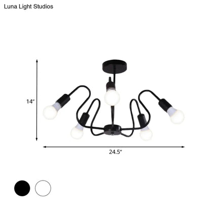 DecorBites™ DecorBites™ Retro Industrial Metal Semi Flush Mount Ceiling Light with Exposed Bulb - 3/5/6 Heads - Dining Room Lighting - Black/White