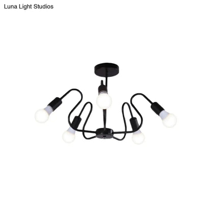 DecorBites™ DecorBites™ Retro Industrial Metal Semi Flush Mount Ceiling Light with Exposed Bulb - 3/5/6 Heads - Dining Room Lighting - Black/White