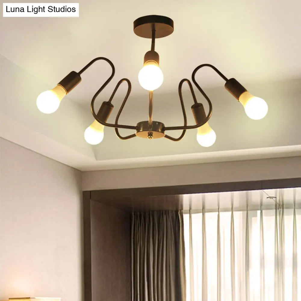 DecorBites™ DecorBites™ Retro Industrial Metal Semi Flush Mount Ceiling Light with Exposed Bulb - 3/5/6 Heads - Dining Room Lighting - Black/White