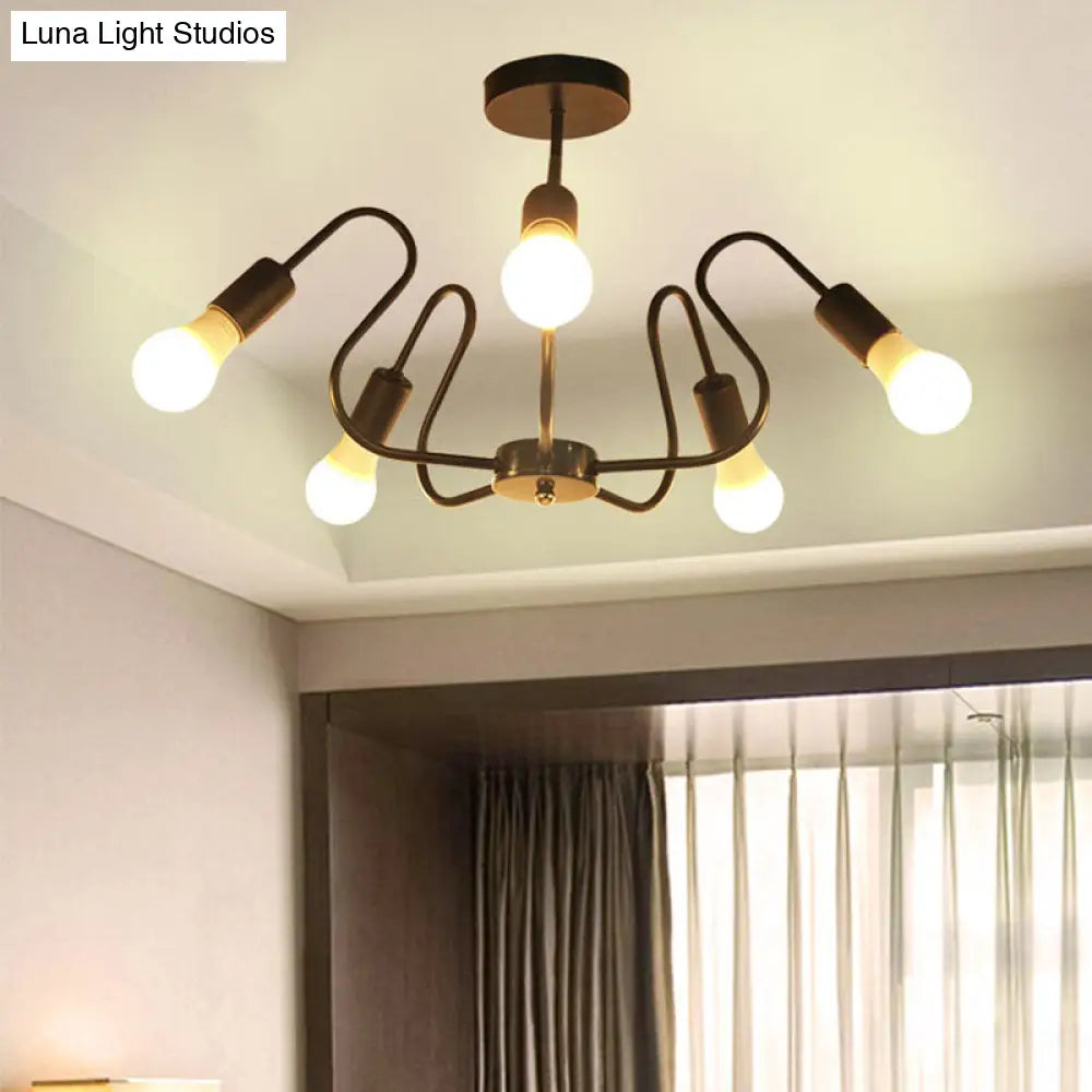 DecorBites™ DecorBites™ Retro Industrial Metal Semi Flush Mount Ceiling Light with Exposed Bulb - 3/5/6 Heads - Dining Room Lighting - Black/White