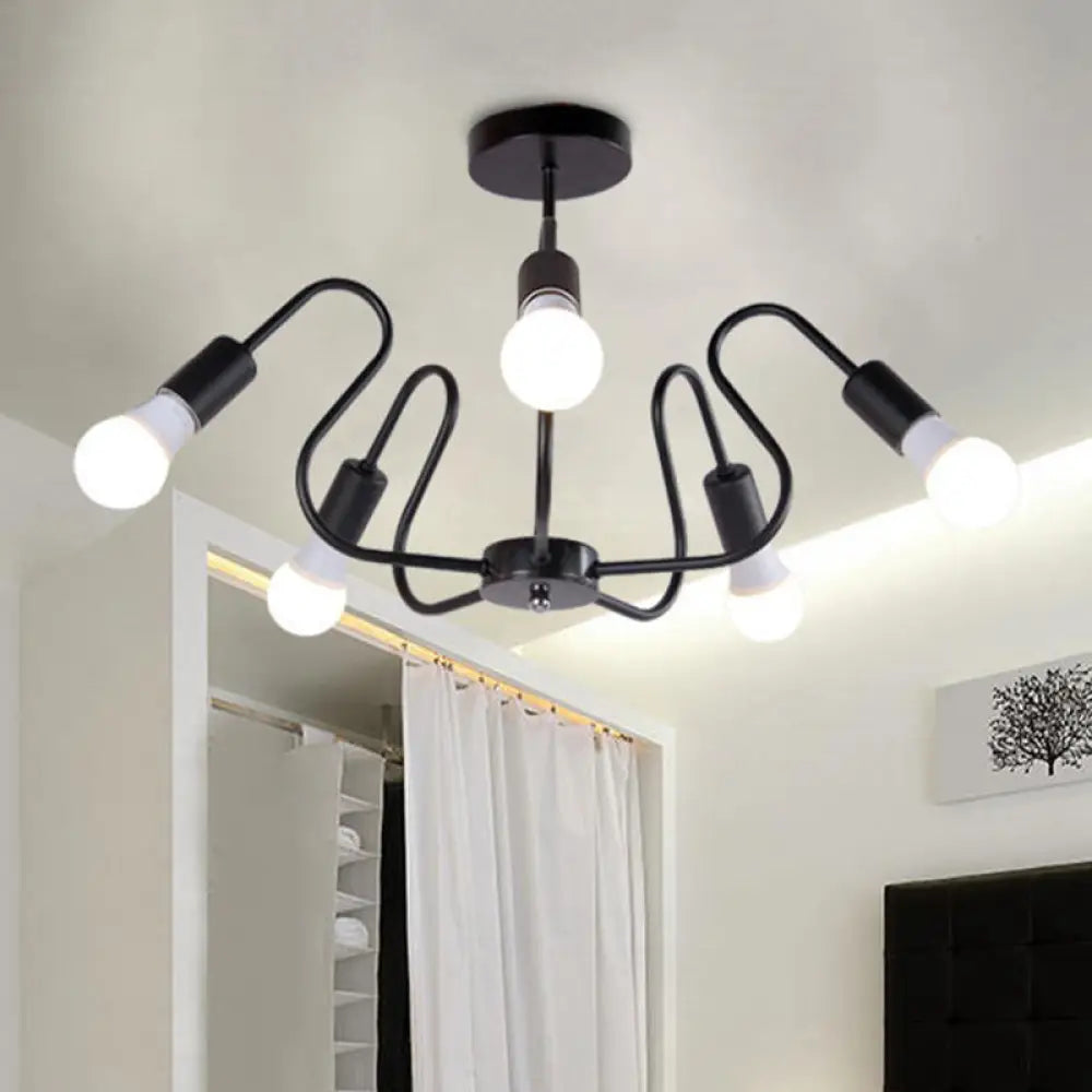 DecorBites™ DecorBites™ Retro Industrial Metal Semi Flush Mount Ceiling Light with Exposed Bulb - 3/5/6 Heads - Dining Room Lighting - Black/White