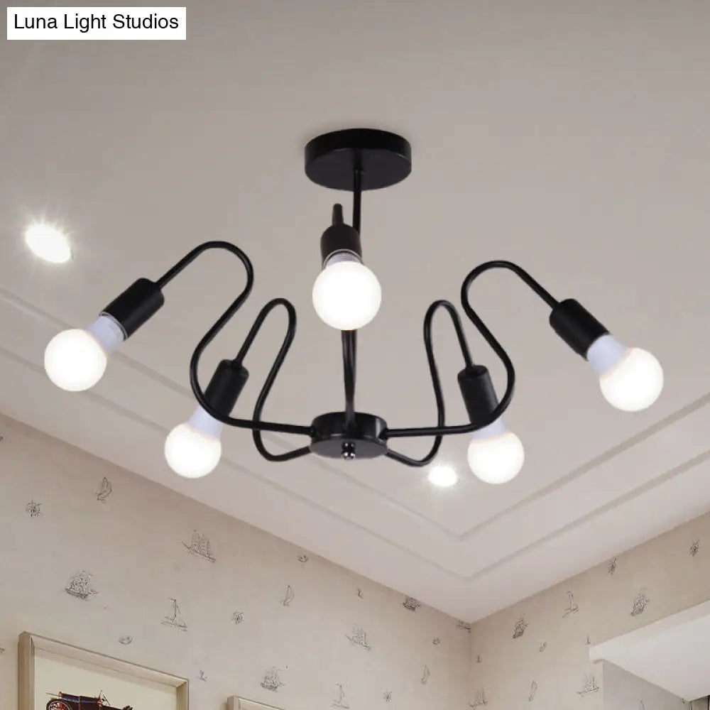 DecorBites™ DecorBites™ Retro Industrial Metal Semi Flush Mount Ceiling Light with Exposed Bulb - 3/5/6 Heads - Dining Room Lighting - Black/White