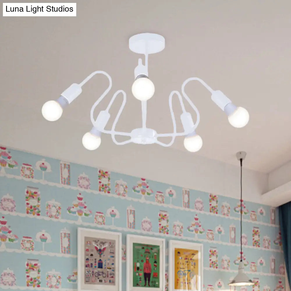 DecorBites™ DecorBites™ Retro Industrial Metal Semi Flush Mount Ceiling Light with Exposed Bulb - 3/5/6 Heads - Dining Room Lighting - Black/White