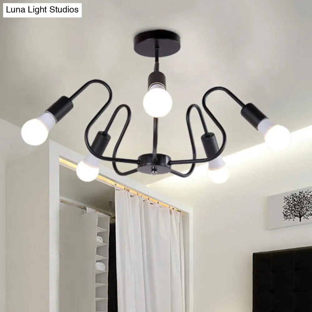 DecorBites™ DecorBites™ Retro Industrial Metal Semi Flush Mount Ceiling Light with Exposed Bulb - 3/5/6 Heads - Dining Room Lighting - Black/White