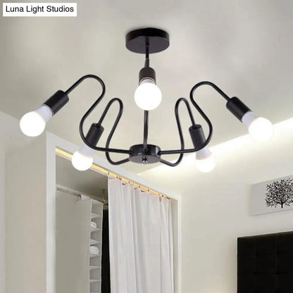 DecorBites™ DecorBites™ Retro Industrial Metal Semi Flush Mount Ceiling Light with Exposed Bulb - 3/5/6 Heads - Dining Room Lighting - Black/White