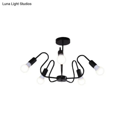 DecorBites™ DecorBites™ Retro Industrial Metal Semi Flush Mount Ceiling Light with Exposed Bulb - 3/5/6 Heads - Dining Room Lighting - Black/White