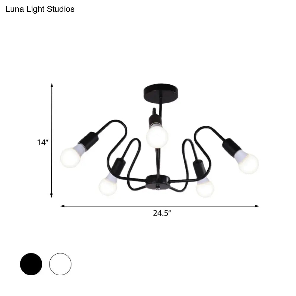 DecorBites™ DecorBites™ Retro Industrial Metal Semi Flush Mount Ceiling Light with Exposed Bulb - 3/5/6 Heads - Dining Room Lighting - Black/White