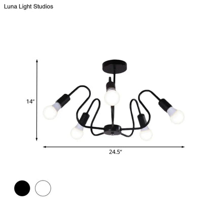 DecorBites™ DecorBites™ Retro Industrial Metal Semi Flush Mount Ceiling Light with Exposed Bulb - 3/5/6 Heads - Dining Room Lighting - Black/White