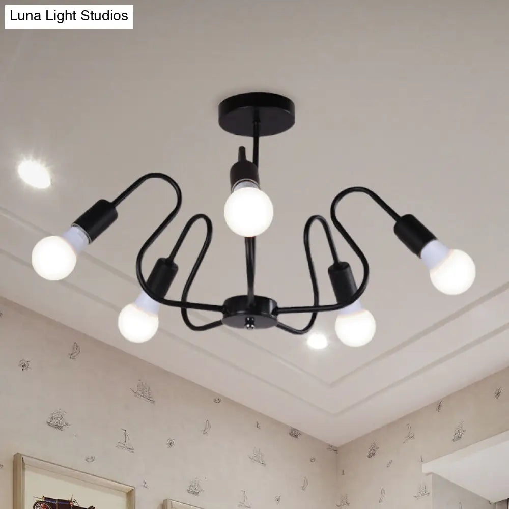 DecorBites™ DecorBites™ Retro Industrial Metal Semi Flush Mount Ceiling Light with Exposed Bulb - 3/5/6 Heads - Dining Room Lighting - Black/White