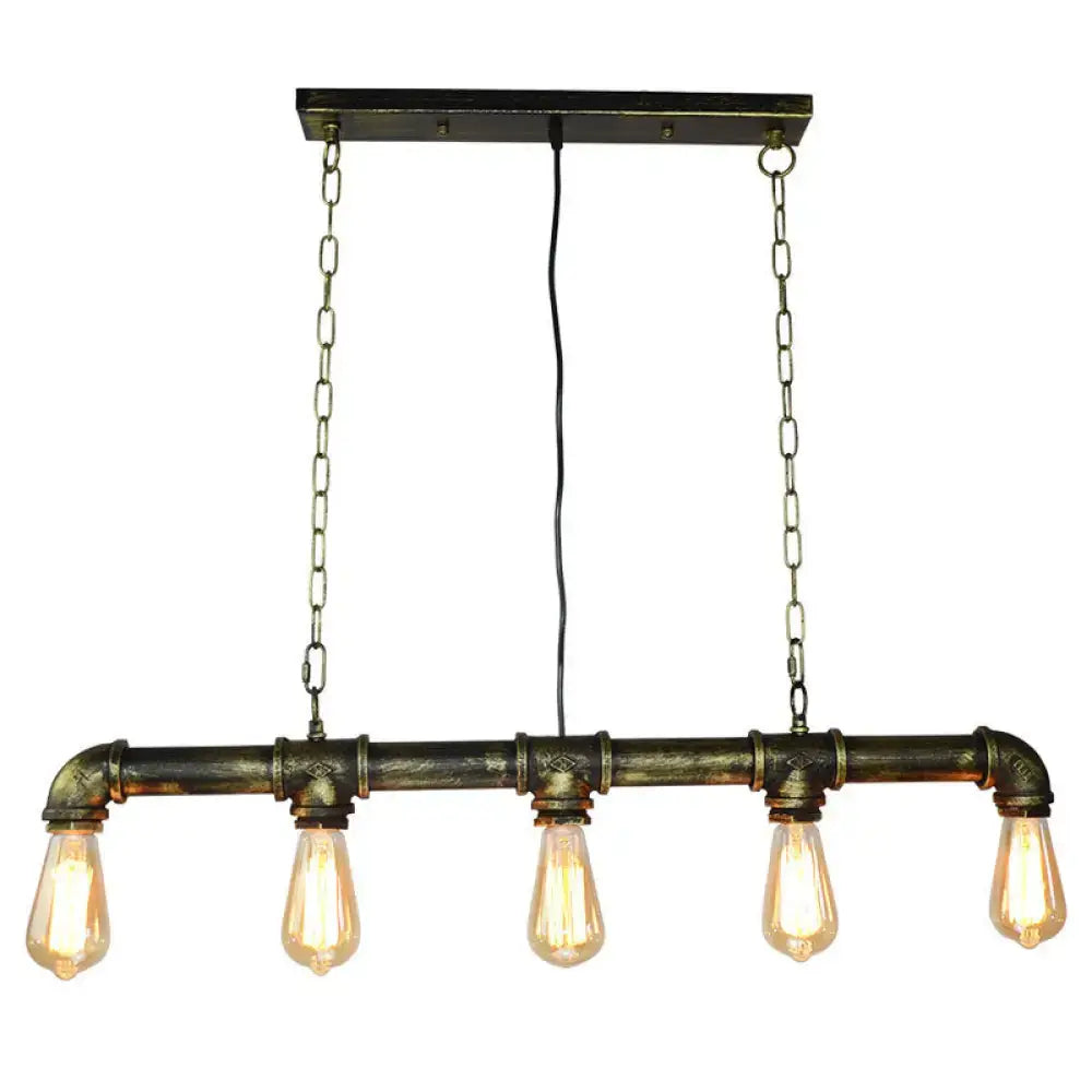 Retro industrial metal tubular island dining room light with dark rustic pipe design and five exposed bulb edison bulbs