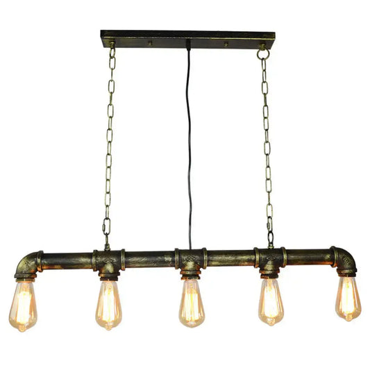 Retro industrial metal tubular island dining room light with dark rustic pipe design and five exposed bulb edison bulbs