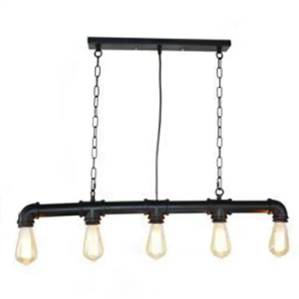 Retro industrial metal tubular island dining room light with black pipe pendant and four exposed bulb edison bulbs