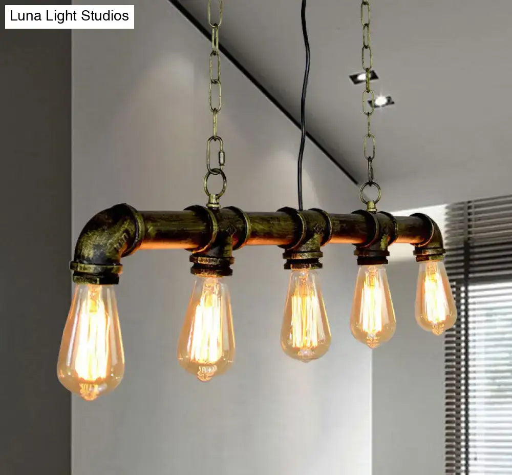 Retro industrial metal tubular island pendant light with exposed bulbs and rustic patina finished metal frame