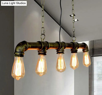 Retro industrial metal tubular island pendant light with exposed bulbs and rustic patina finished metal frame