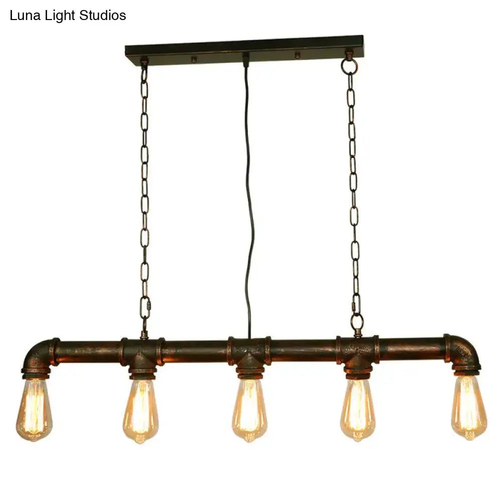 Retro industrial metal tubular island dining room light with dark bronze pipe frame and five exposed bulb edison bulbs