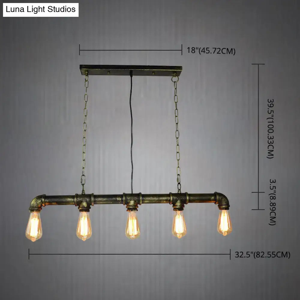 Retro industrial metal tubular island pendant light with dark rustic frame and five exposed bulbs for dining room use