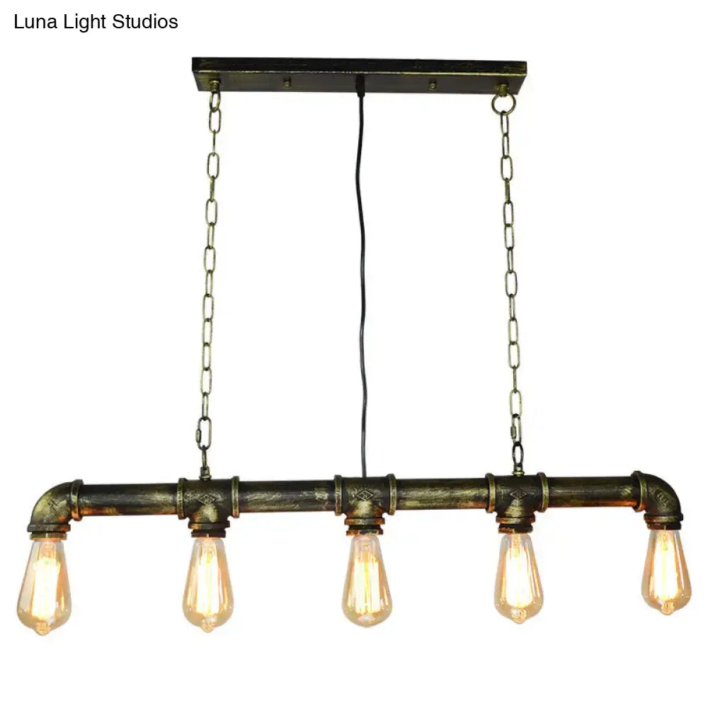 Retro industrial metal tubular island pendant light with dark rustic finish and four exposed bulbs for dining room