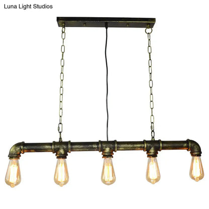 Retro industrial metal tubular island pendant light with dark rustic finish and four exposed bulbs for dining room