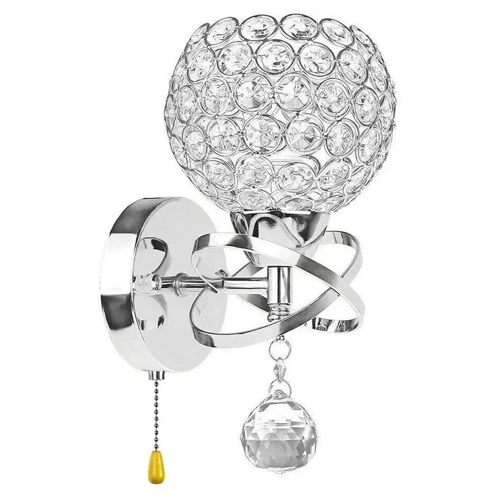 A retro industrial silver wall lamp with a chrome spherical crystal globe and faceted crystal droplet decorbites crystal wall lamp