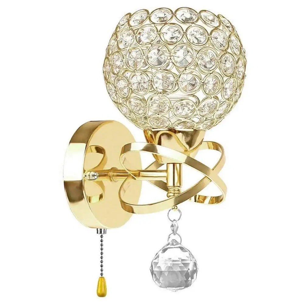Gold-finished retro industrial wall lamp with spherical crystal globe and faceted pendant for decorbites crystal wall lamp