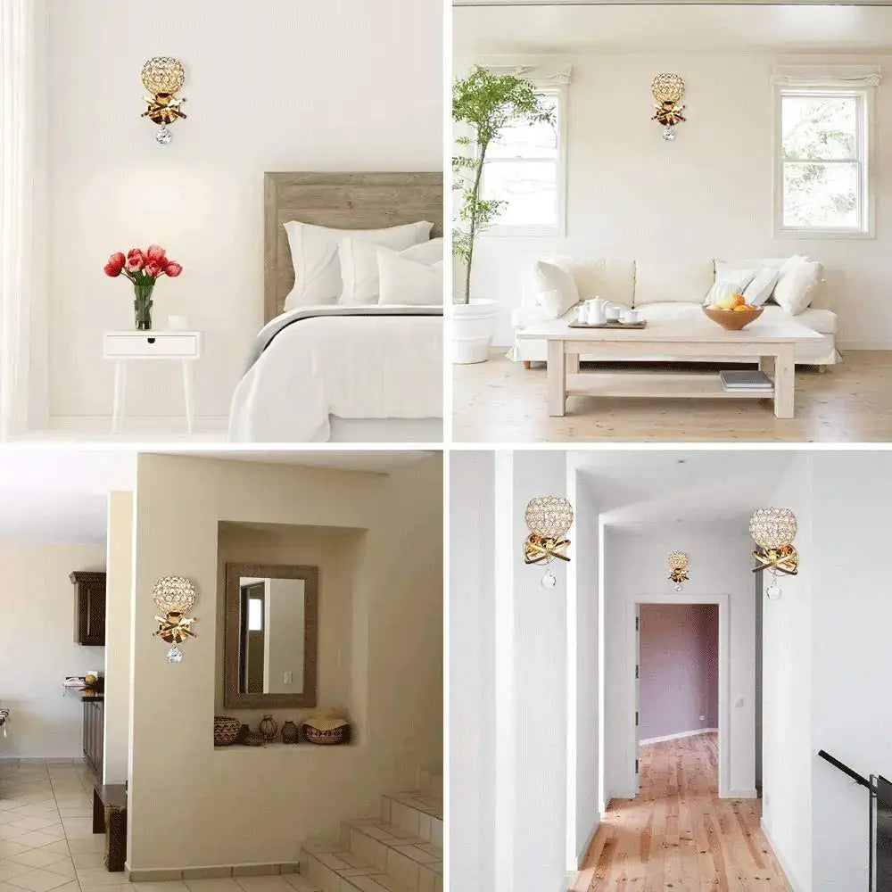 Gold-toned crystal wall lamp with spherical faceted glass globe and dangling clear crystals for living room decorbites crystal wall