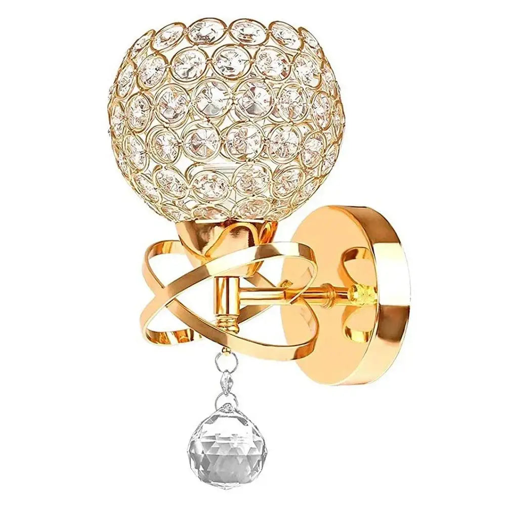Gold-toned retro industrial wall lamp with spherical crystal globe and faceted pendant for decorbites crystal wall use
