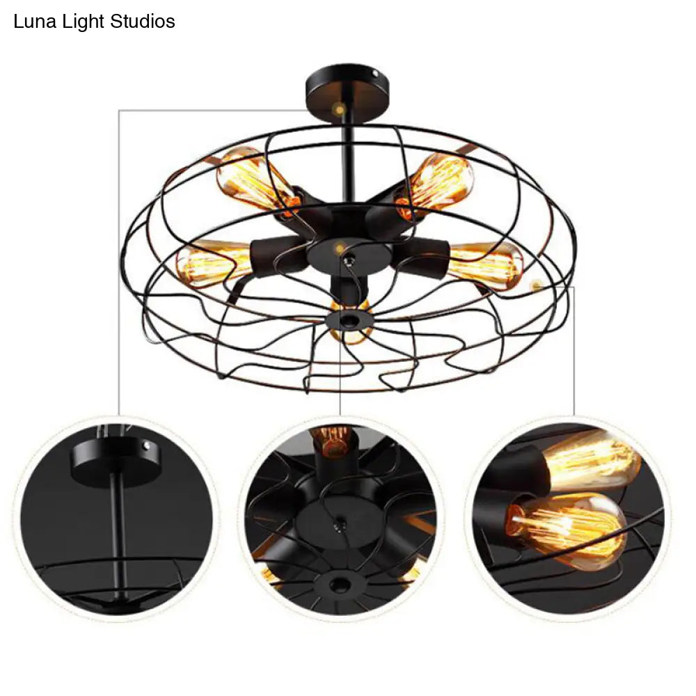 DecorBites™ DecorBites™ Retro Industrial Style Basket Cage Ceiling Mount Chandelier - 5 Light Fixture for Hallway - Metal Semi Flush