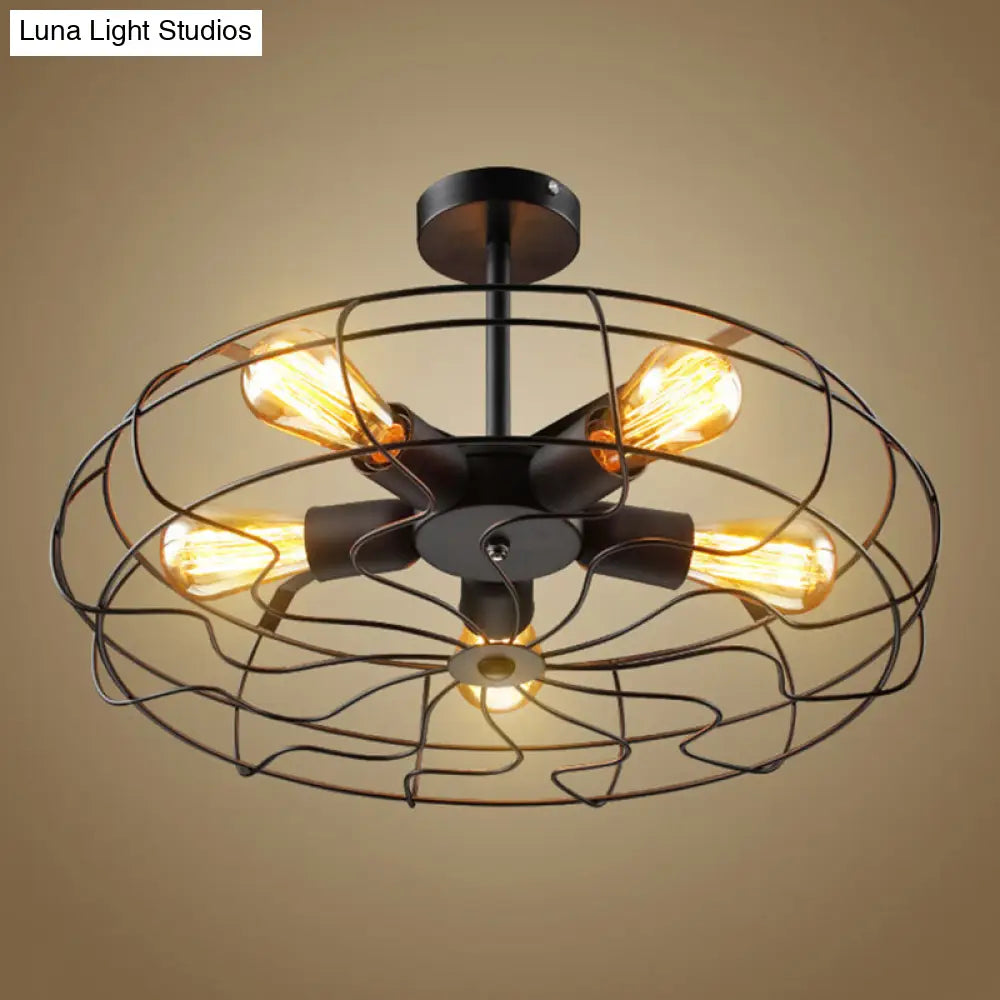 DecorBites™ DecorBites™ Retro Industrial Style Basket Cage Ceiling Mount Chandelier - 5 Light Fixture for Hallway - Metal Semi Flush