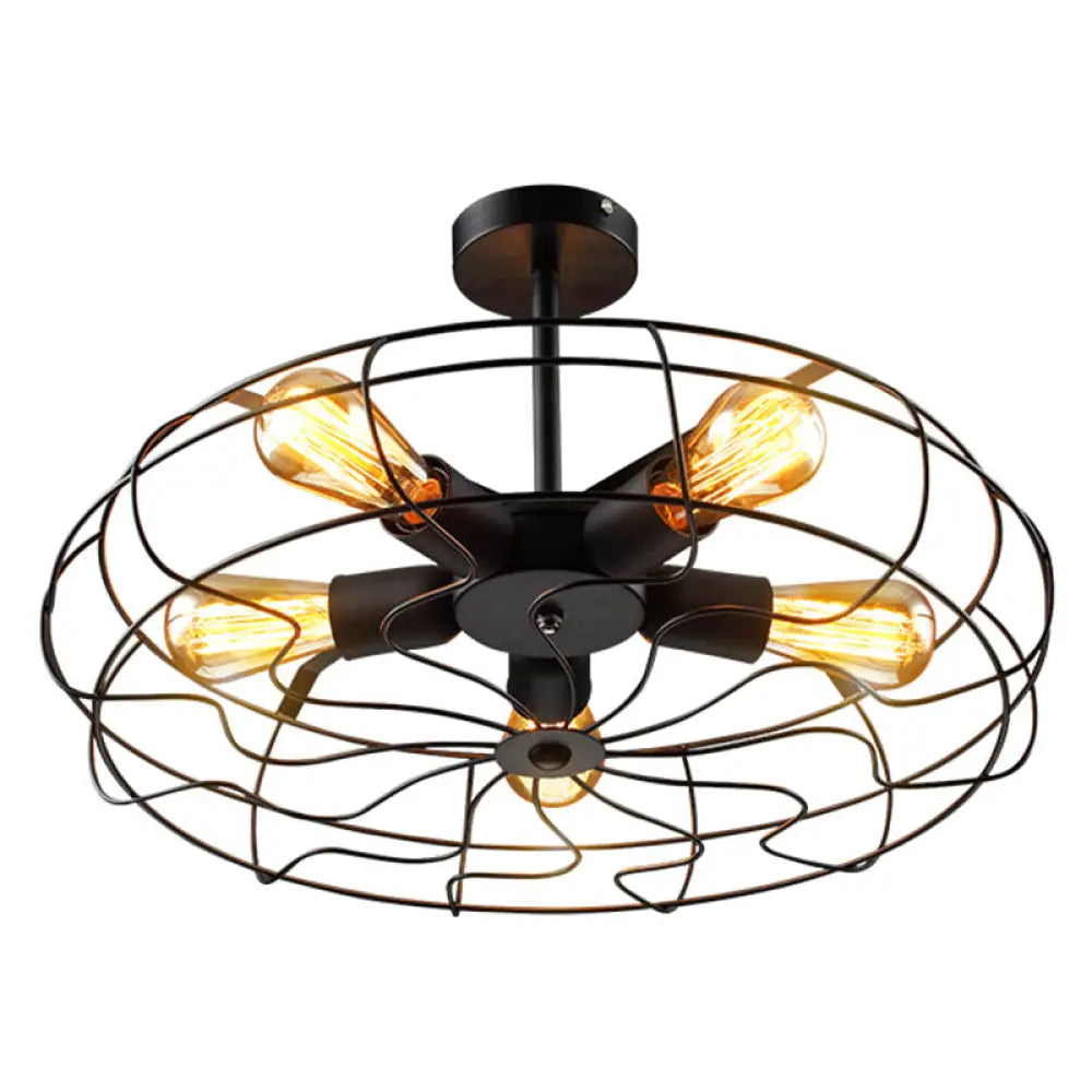 DecorBites™ DecorBites™ Retro Industrial Style Basket Cage Ceiling Mount Chandelier - 5 Light Fixture for Hallway - Metal Semi Flush