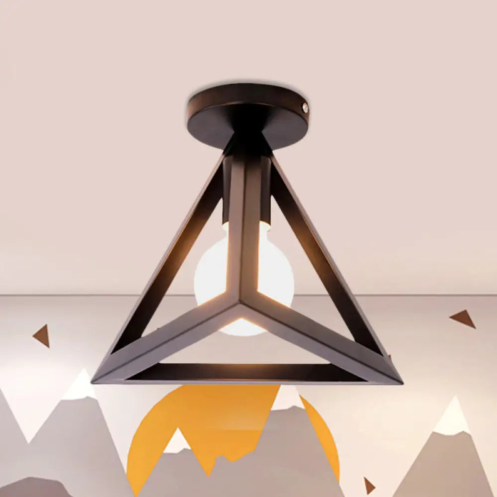 DecorBites™ DecorBites™ Retro Industrial Wire Cage Ceiling Light with Triangle Shade - 1 Head Metal Lamp in Black/Grey/White