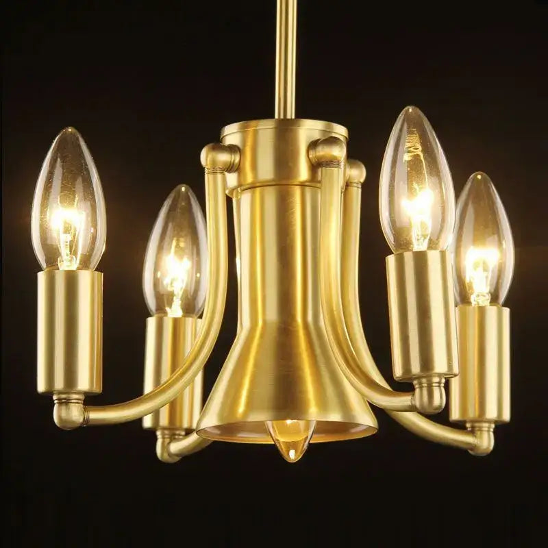 Retro iron bronze pendant light featuring a brass-finished chandelier with five candle-style bulbs and central conical shade
