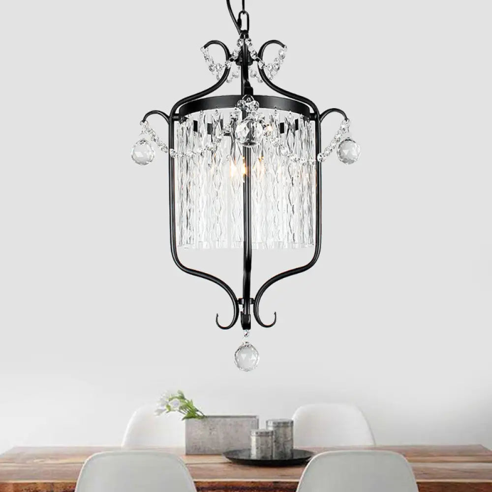 Retro Iron Pendant Light with Crystal Rod Drape - Scroll Frame Corridor Lamp (Black/White)