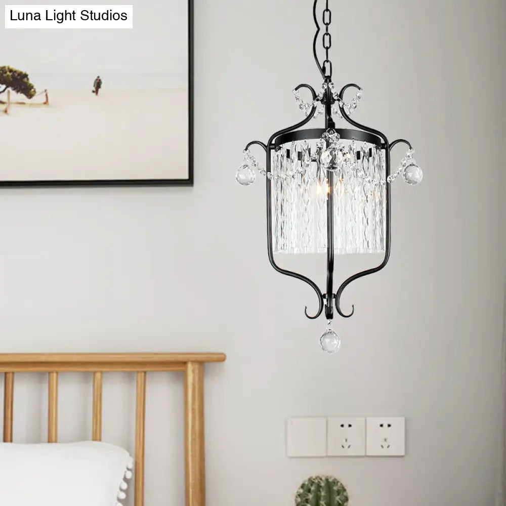 Retro Iron Pendant Light with Crystal Rod Drape - Scroll Frame Corridor Lamp (Black/White)