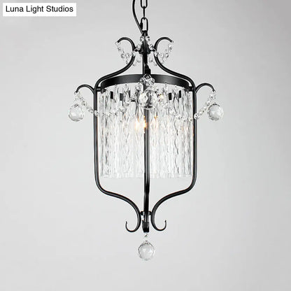 Retro Iron Pendant Light with Crystal Rod Drape - Scroll Frame Corridor Lamp (Black/White)