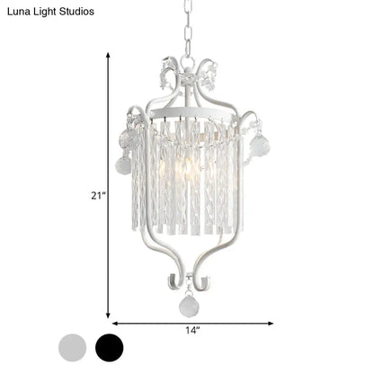 Retro Iron Pendant Light with Crystal Rod Drape - Scroll Frame Corridor Lamp (Black/White)