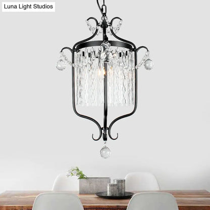 Retro Iron Pendant Light with Crystal Rod Drape - Scroll Frame Corridor Lamp (Black/White)