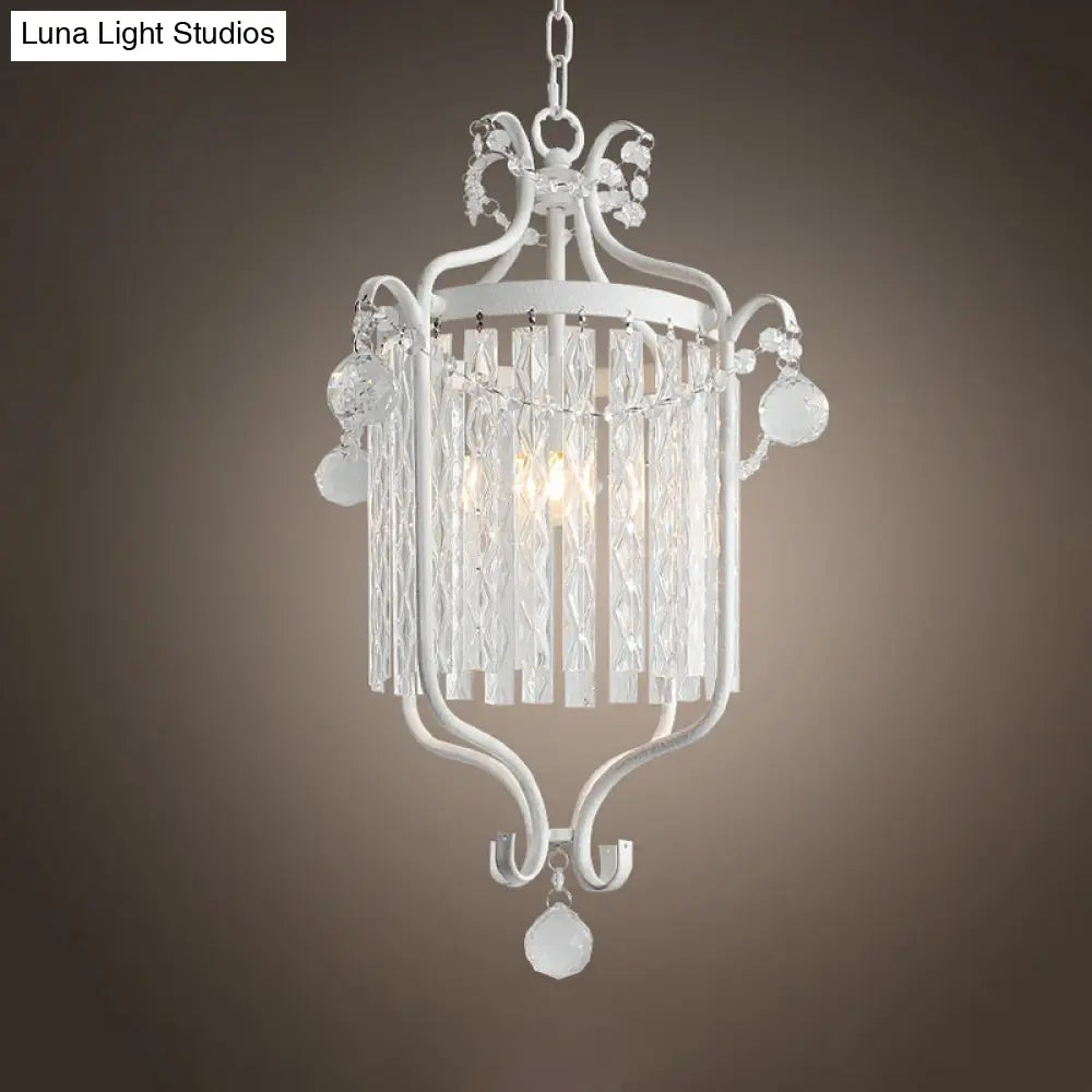 Retro Iron Pendant Light with Crystal Rod Drape - Scroll Frame Corridor Lamp (Black/White)