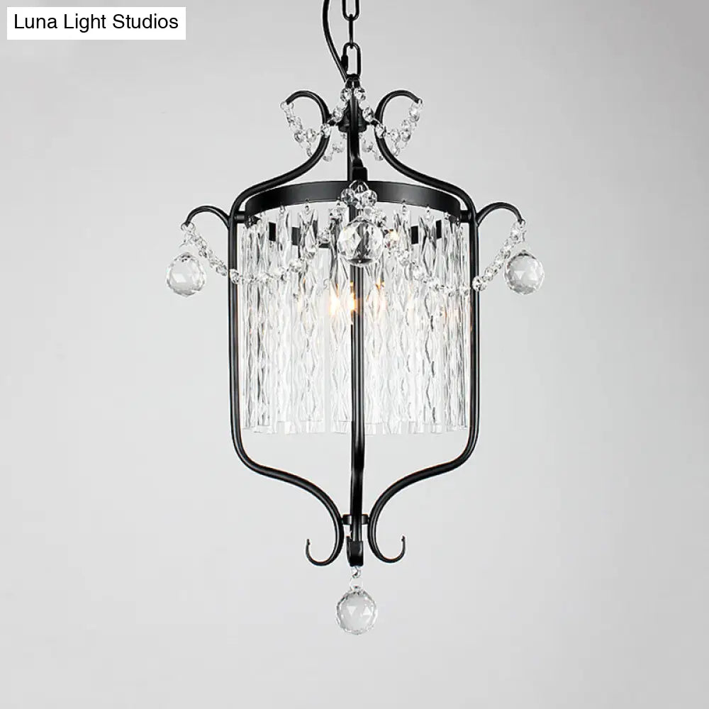 Retro Iron Pendant Light with Crystal Rod Drape - Scroll Frame Corridor Lamp (Black/White)