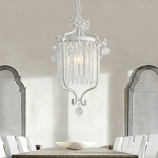 Retro Iron Pendant Light with Crystal Rod Drape - Scroll Frame Corridor Lamp (Black/White)