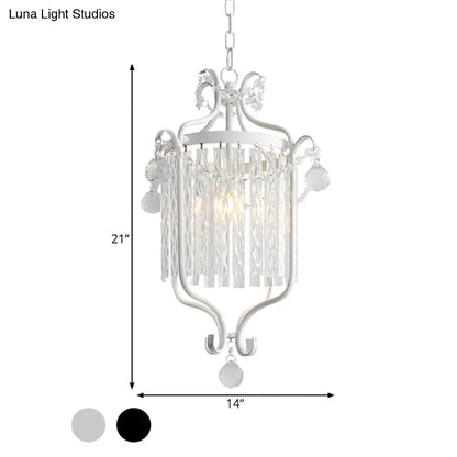 Retro Iron Pendant Light with Crystal Rod Drape - Scroll Frame Corridor Lamp (Black/White)